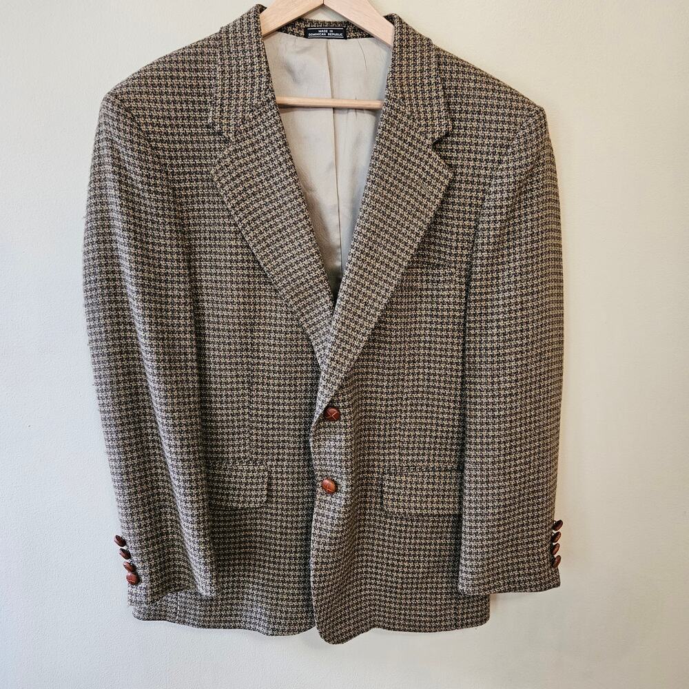 Vintage 70s Men's Tweed Blazer Size 40S Lambswool Blend Leather Buttons Academia